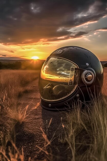 Bikerhelm op de weg bij zonsondergang