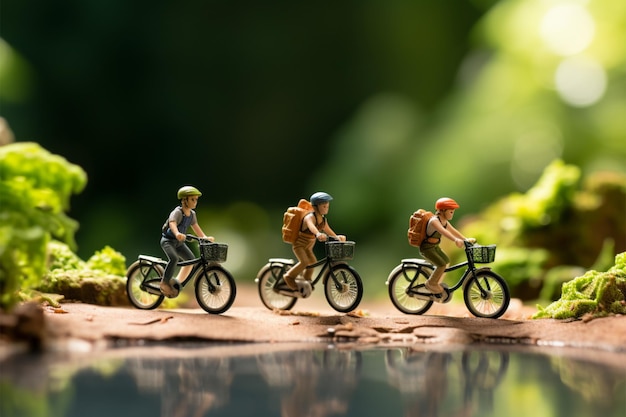 Biking exploration Miniature cyclists on a journey green bokeh background