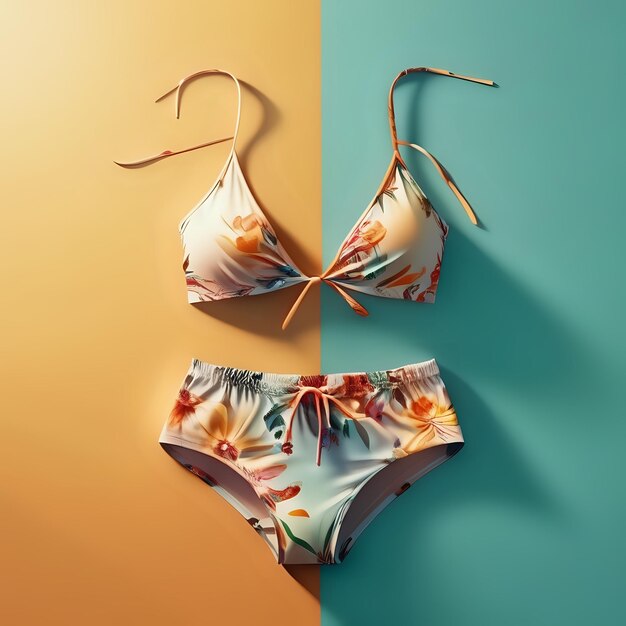 a bikini with flowers on it is hanging on a wall