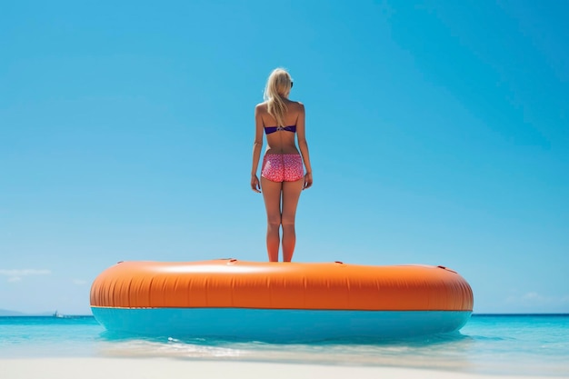 A bikiniclad woman eagerly awaits her turn to plunge into the sparkling sea with the vast blue sky as her backdrop Fictitious person generated by Ai