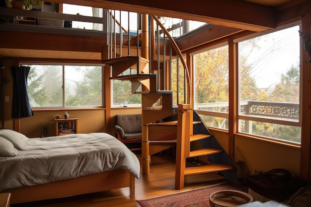 Bilevel kamer met gezellige zithoek boven en uitzicht op de buitenwereld vanuit de ramen