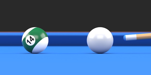 Biljartbal nummer veertien in groene en witte kleur op biljarttafel snooker richt de speelbal 3D