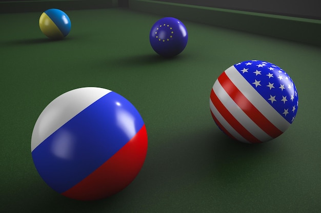 Biljartballen met staatssymbolen van de Europese Unie van Rusland, de VS en Oekraïne