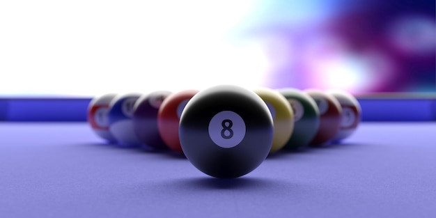 Biljarttafel poolballen ingesteld op blauw vilt 3d illustratie