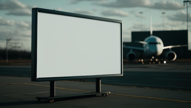 Photo a billboard at an airport with a plane in the background