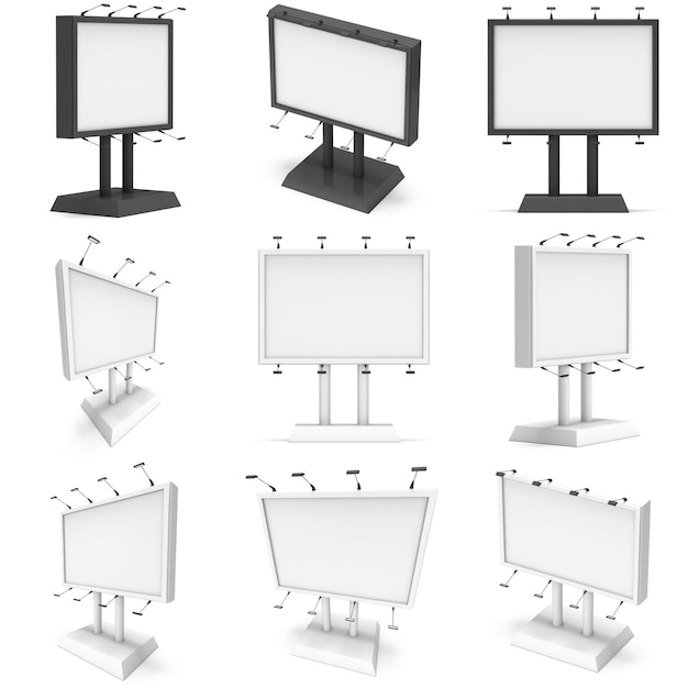 옥외 광고 포스터 세트 무역 박람회 부스 3d 렌더링에 대 한 빈 빌보드 화이트 절연