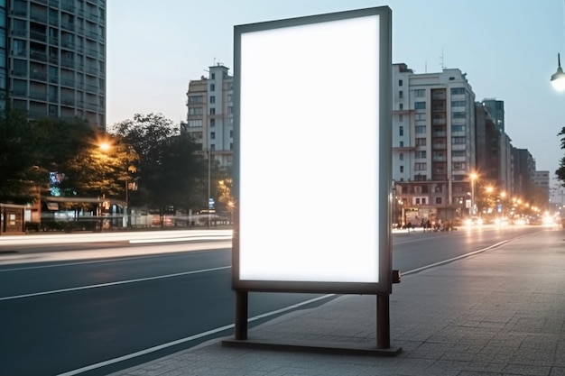 A billboard on a city street with the light on.