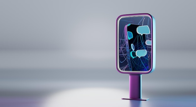 Display per cartelloni pubblicitari con smartphone e icone dei messaggi di dialogo sullo schermo lcd supporto verticale viola o monitor digitale per annunci in luce al neon isolato su sfondo grigio vista angolare illustrazione 3d realistica