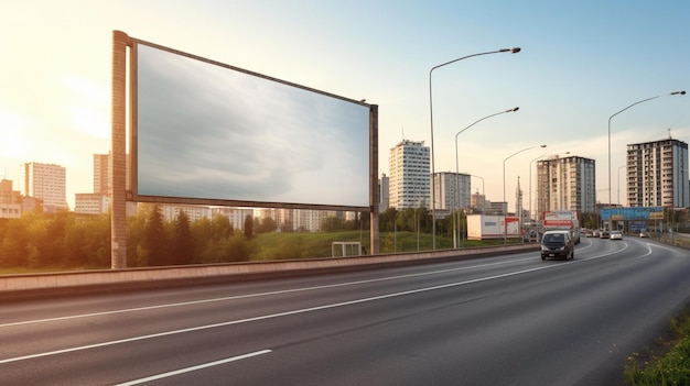 A billboard on a highway with a city in the background