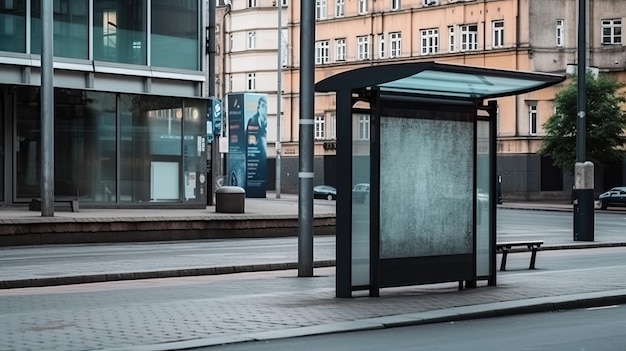 Billboard met lege ruimte bij bushalte op stadsstraat met generatieve ai