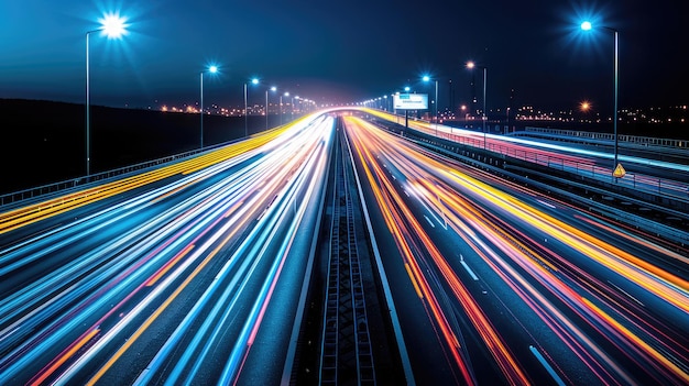 Photo billboard mockup on a busy highway with streaks of car lights night time