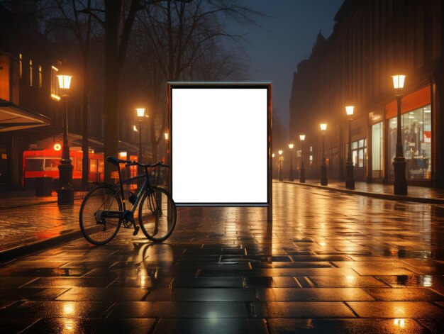 Foto billboard mockup op een mistige stadsstraat met een fiets op de voorgrond stedelijk pendel- en weerconcept generatieve ai