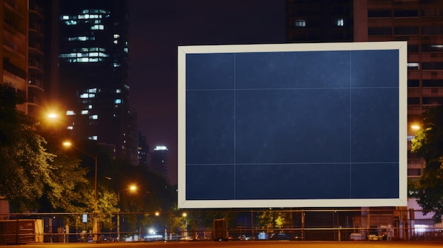 Foto mockup di cartellone pubblicitario con fronte vuoto realistico su un modello di mockup in una strada di notte grande città