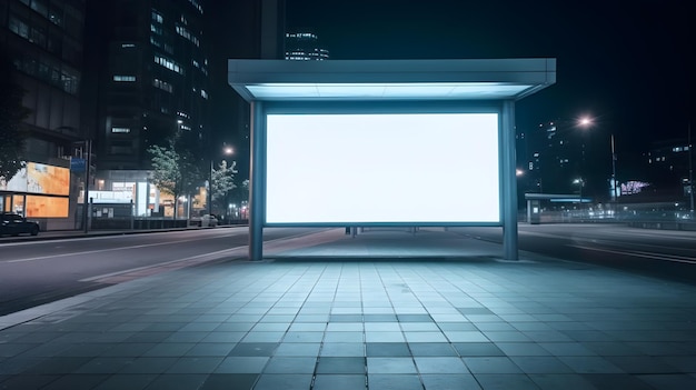 A billboard at night with the light on it