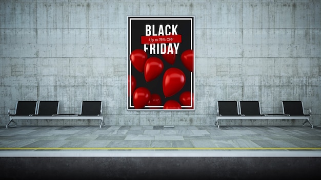 Photo billboard poster on underground station 3d renderingblack friday