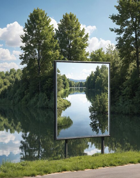 a billboard on the side of a road with trees and water