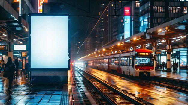 Photo a billboard for a subway is lit up at night