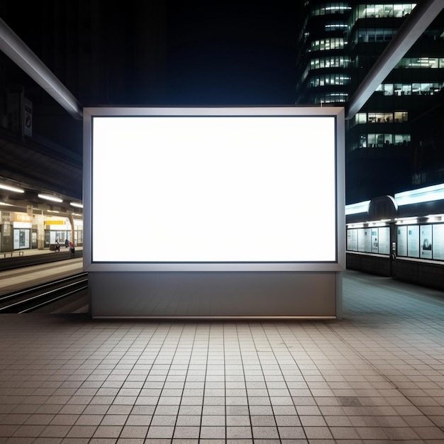 a billboard that is on a sidewalk with a building in the background.