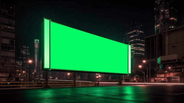 Billboard with a green screen in the futuristic cyberpunk city bilboard mockup