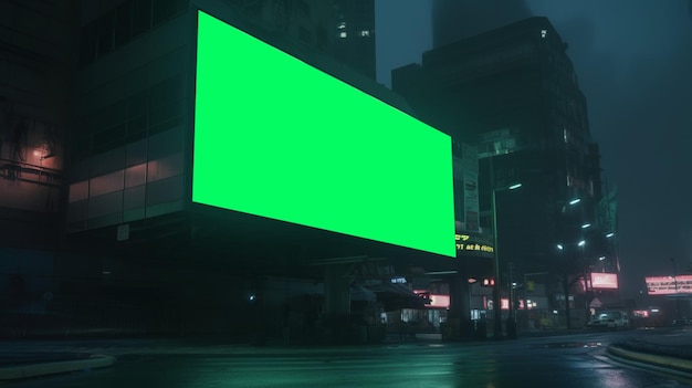 Billboard with a green screen in the futuristic cyberpunk city bilboard mockup