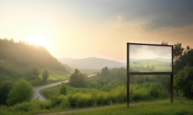 A billboard with a landscape in the background
