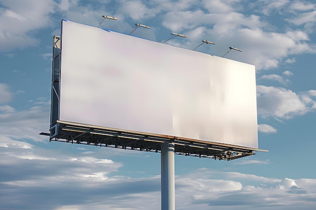 a billboard with a white background and a cloudy sky