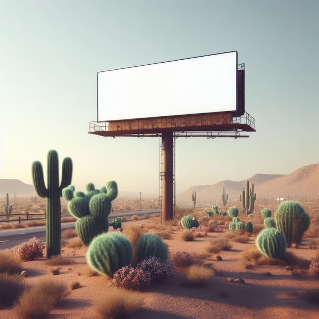 A billboard with a white screen on a desert with cacti and a road sign