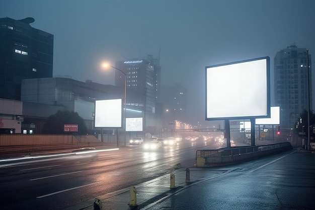 Billboards en reclameborden bij moderne gebouwen in de hoofdstad toekomstige stedenbouwkundige sciencefiction reclamebanners mocap fantasie Leeg marketingdisplaybord in de moderne stad