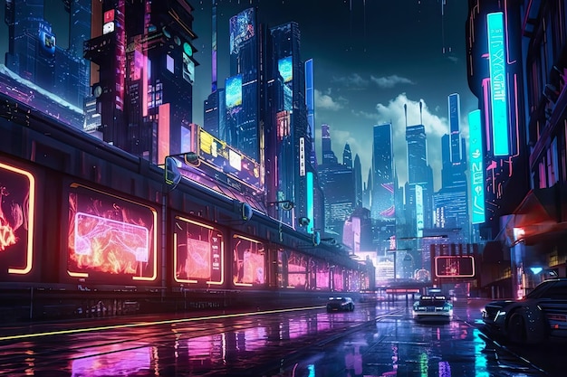 Billboards on a futuristic city scene at night Concept art with a futuristic vision of advertising