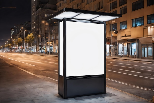 Foto cartelloni pubblicitari di spazio verticale vacante alle fermate degli autobus in città di notte