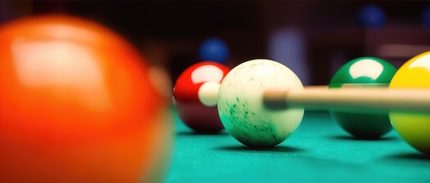 Billiard balls cue stick and green tablecloth Generative AI