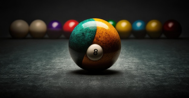 Billiard balls on a table with a cue