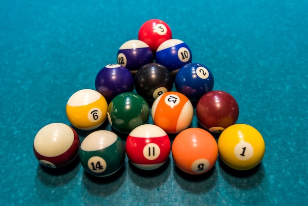 Billiard balls in triangle at the table close up