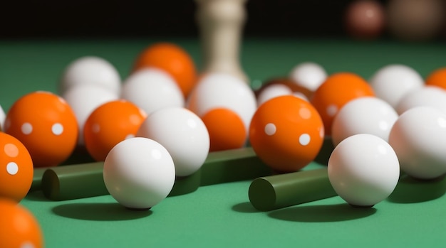 Billiard Elegance White and Orange Balls and Cue on the Snooker Table