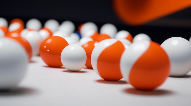 Billiard elegance white and orange balls and cue on the snooker table