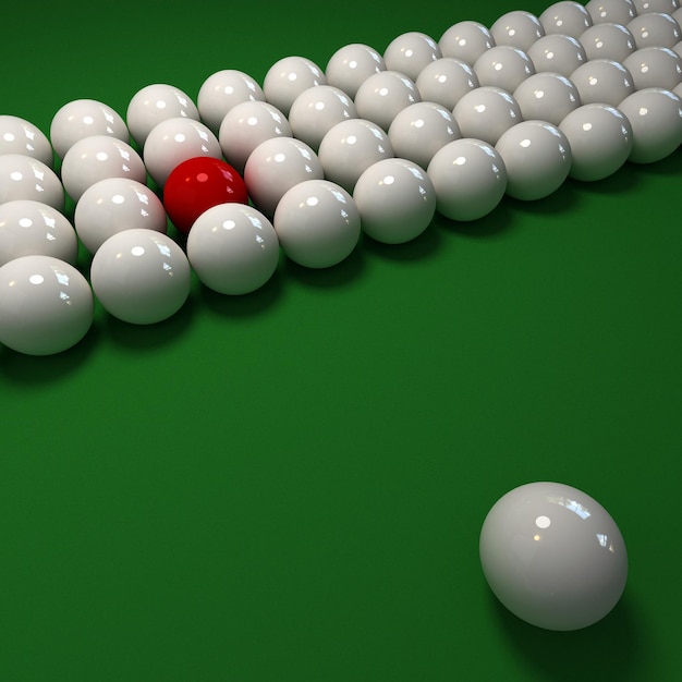 Billiard game with lots of white balls and a red one