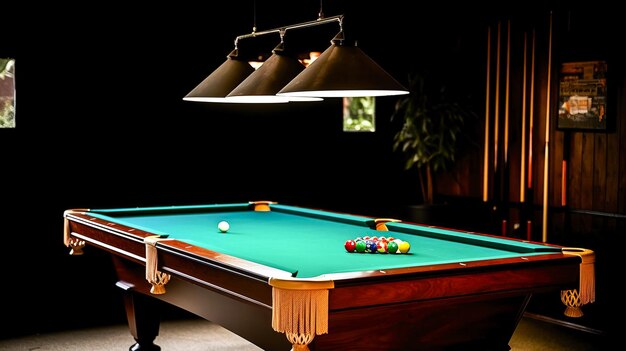 Photo billiard hundred sport game colored balls cue on green cloth fun competition hall for gambling ai