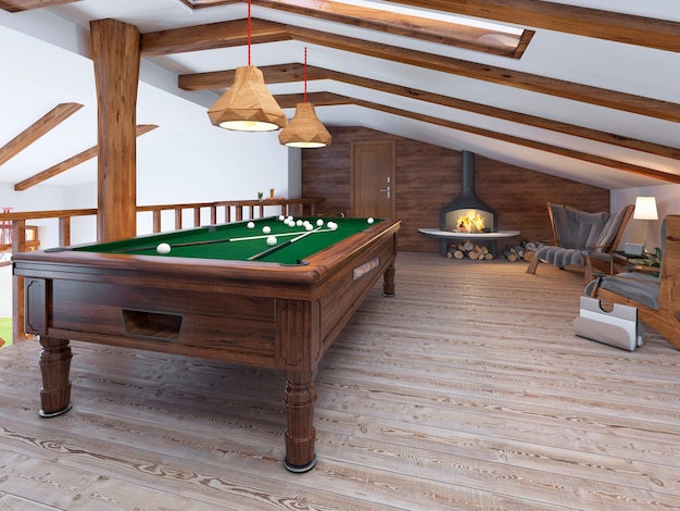 Billiard room with two comfortable chairs and a fireplace in the loft style