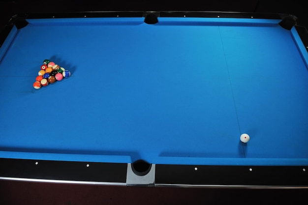 billiard sport game balls on blue table on billiard club ready to play