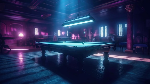 Billiard table in neon light lamps Gambling sports games for recreation Header banner mockup with