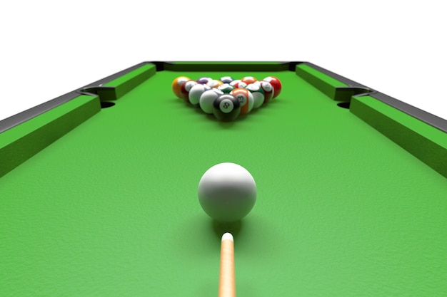 Billiard table with balls set and cues on a white background