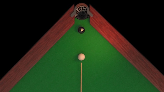 Billiard table with black ball and white ball from above