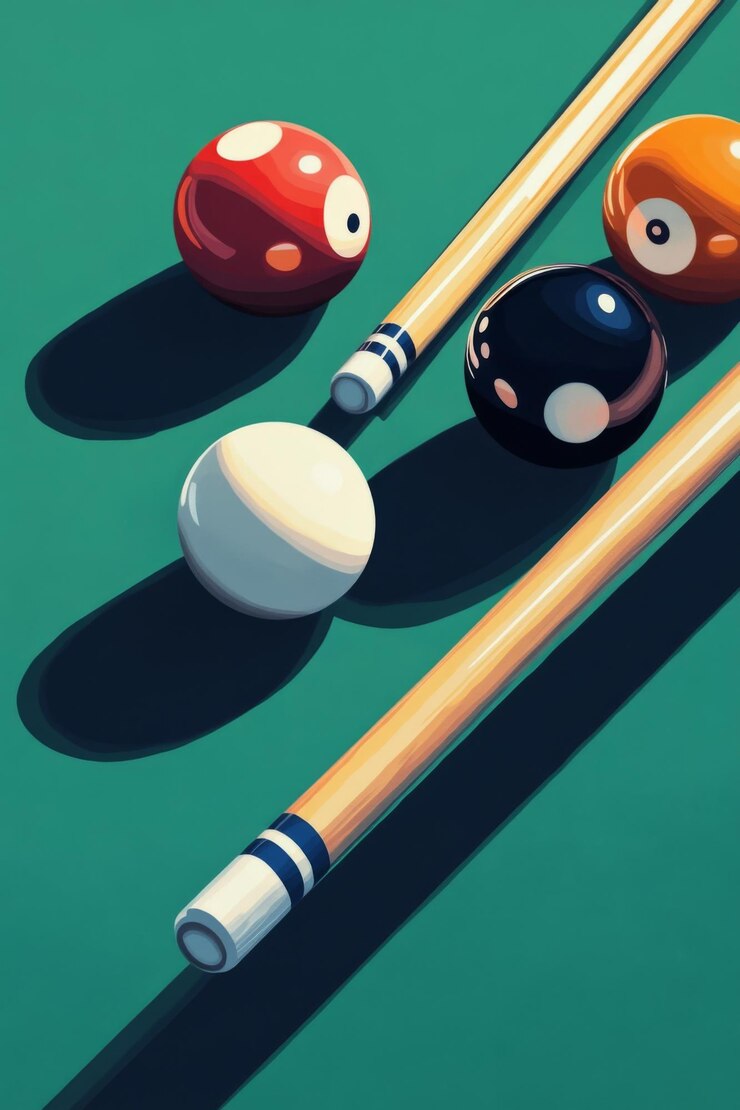 Billiardballen en biljartstaven rusten op een groene vilttafel tijdens een intense spelnacht met vrienden Generatieve AI