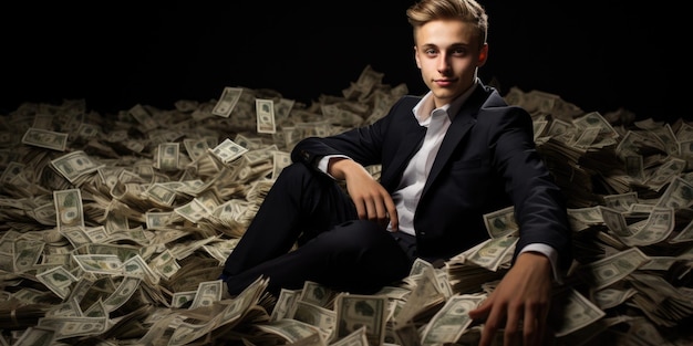 Billionaire on Big Pile of Banknotes Rich Comeliness