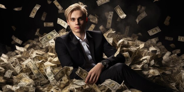 Photo billionaire on big pile of banknotes rich comeliness