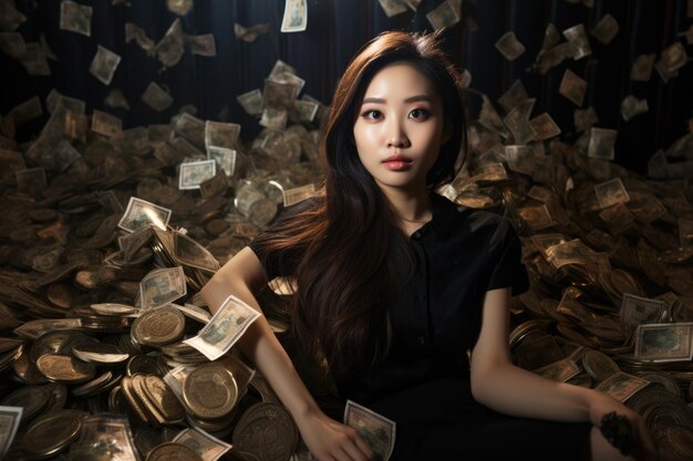 Photo billionaire on big pile of banknotes rich comeliness