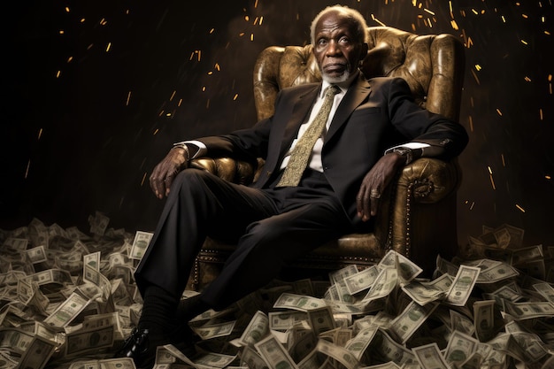 billionaire on huge pile of banknotes rich and prosperity comeliness