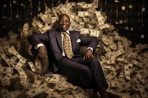 Photo billionaire on huge pile of banknotes rich and prosperity comeliness