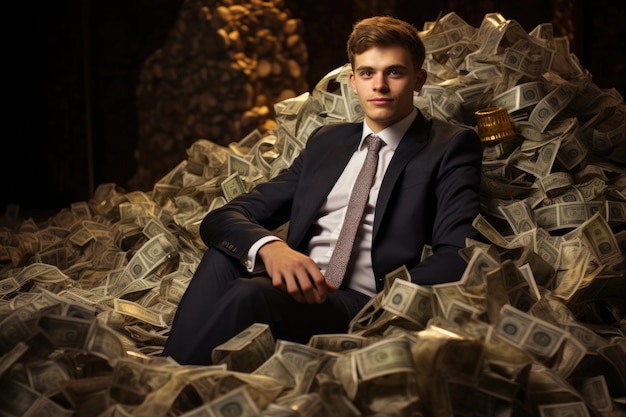 Photo billionaire on huge pile of banknotes rich and prosperity comeliness