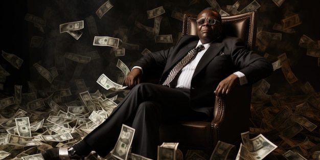 Photo billionaire on huge pile of banknotes rich and prosperity comeliness